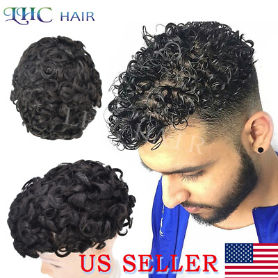 #ad US 20mm Curly Toupee For Men Human Hair System Skin PU Deep Wavy Mens Hair Piece $149.00