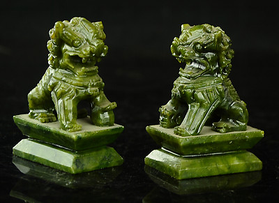 #ad Rare A pair of 100% China natural green jade hand carved statues fo dog lion $22.40