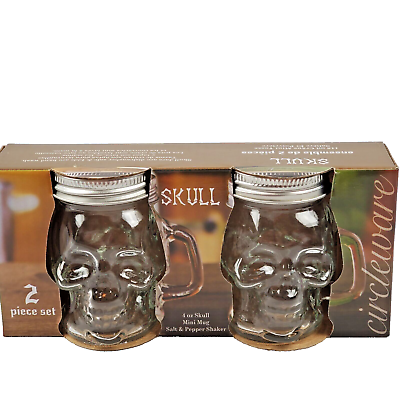 #ad Circleware 4 oz Skull Mini Mug Clear Glass Salt and Pepper Handle Shaker Jar Set $22.50
