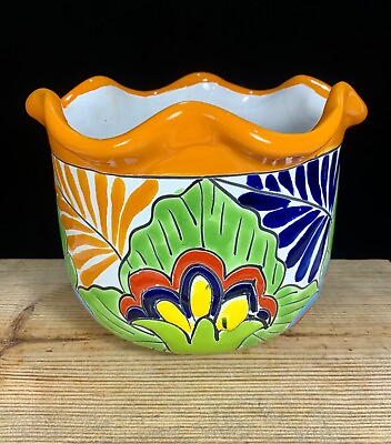 #ad Hand Painted Mexican Talavera Ceramic Pottery Planter Folk Art 7quot;h x 9”w $32.00
