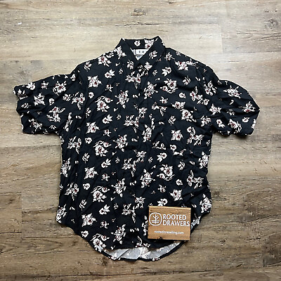 #ad Vintage Era Button Up Shirt Floral Black Short Sleeve Collared Casual Relaxed M $12.99