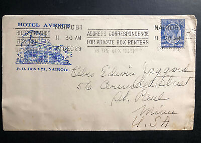 #ad 1929 Nairobi Kenia KUT Hotel Avenue Cover to St Paul MN USA $68.00