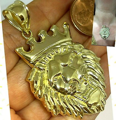 #ad GoLD Lion crown king Leo 10k pendant Yellow Diamond Cut necklace charm 2.25” $458.85