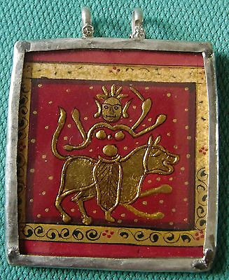 #ad Silver necklace pendant embossed real gold Hindu goddess durga rarest vintage $106.00