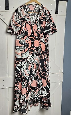 #ad Ladies Dress Size 2xl Shein Curve V Neck Ruffled Long Pink Floral 💗 $12.30