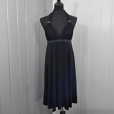#ad Express Women#x27;s Halter Cocktail Formal Dress Size Medium Black Stretchy Beaded $15.19