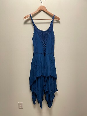 #ad Sakkas Women Dress Plus Free Size Blue Embroidered Lace Up Rayon Asymmetric Boho $34.88