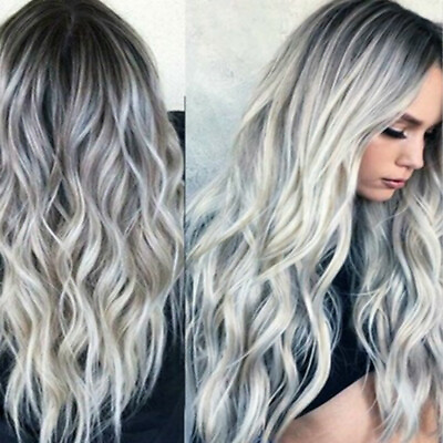 #ad Fashion Middle Part Long Curly Hairpieces Gradient Gray Cosplay Synthetic Hair $16.99