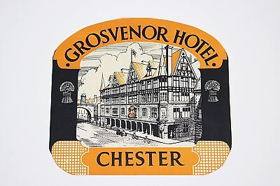 #ad 1950s Luggage Label GROSVENOR HOTEL Chester Travel Design Colorful Original $31.49