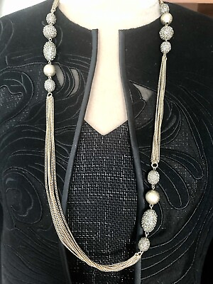 #ad Chico’s Long Necklace Multi Strand Chains Signed Flapper Statement Jewelry 40” $24.99