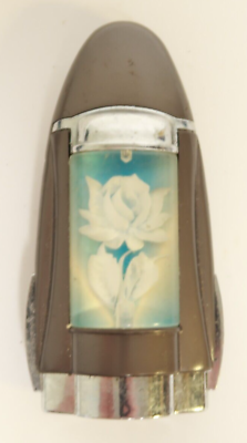 #ad Silver Rocket Shaped Embedded White Rose Design Image Vintage Lighter As Is $24.74
