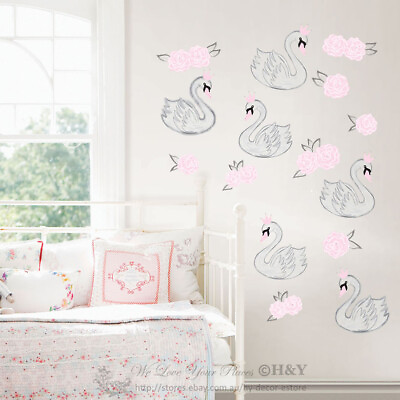 #ad Pink Swan Wall Sticker Removable Vinyl Decal Girls Nursery Decor Art Mural Gift AU $15.59