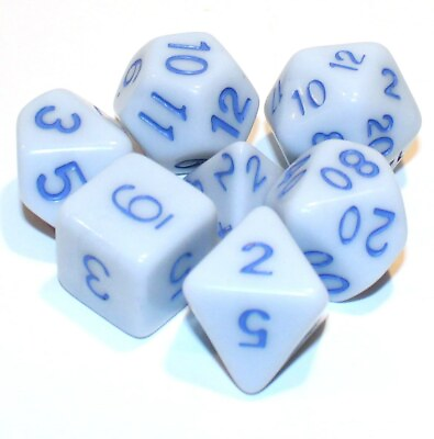 #ad 7 Piece Opaque Polyhedral Dice Set w Bag – Light Blue w Blue Numbers $11.95