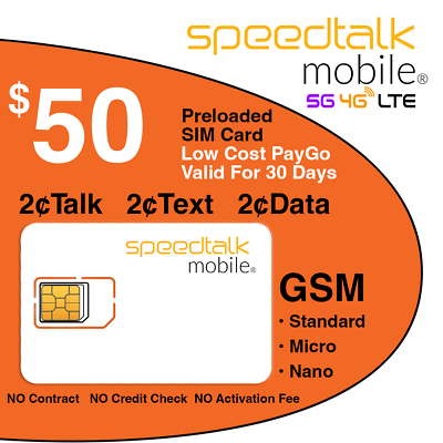 #ad SpeedTalk Mobile SIM Card Kit 2₵ Talk Text Data 5G 4G LTE 180 Days Phone Plan $50.00