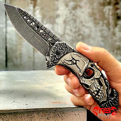 #ad 8quot; Stonewash Tactical Skull Handle Folding Blade Open Spring Assist Pocket Knife $16.02