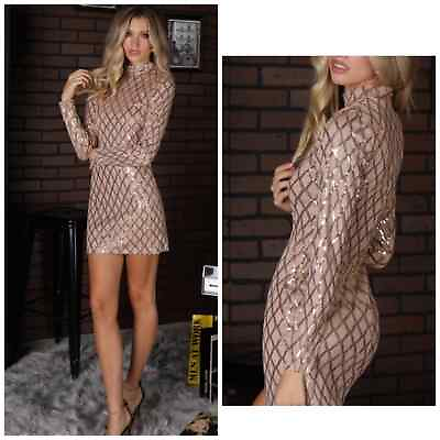#ad NWT Mock Neck Sequin Pattern Long Sleeve Sexy Mini Dress in Champagne $43.00