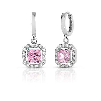 #ad 925 Sterling Silver Pink amp; White Topaz Princess Cut Halo Leverback Earrings $9.99