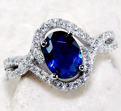 #ad 2CT Blue Sapphire amp; White Topaz 925 Sterling Silver Ring Sz 7 UB2 7 $32.99