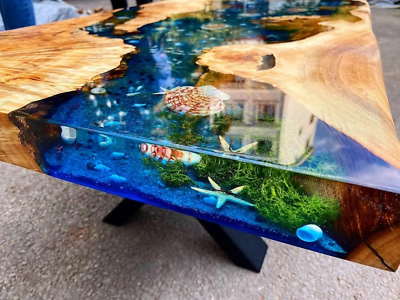 #ad Custom Made Blue Epoxy Dining Table with Shells Resin River Coffee Side Table $2249.00