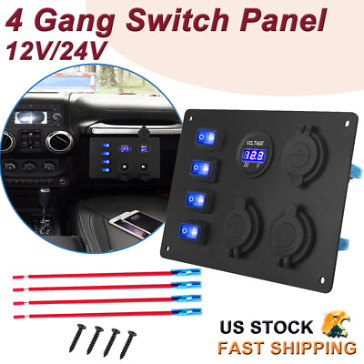 #ad 4 Gang 12V Switch Panel Rocker USB ON OFF Toggle Marine Boat Truck Waterproof AU $25.99