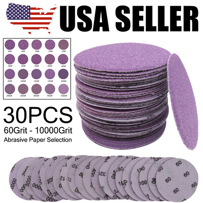 #ad 30PCS 3in Aluminum Oxide Sandpaper 60 10000 Grit Sanding Discs Paper Hook Loop $9.99