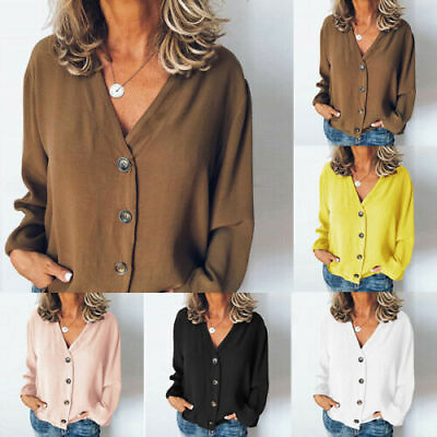 #ad Neck Plain Buttons Sleeve Casual Long Top Loose V Blouse Women Shirt Tops $12.28