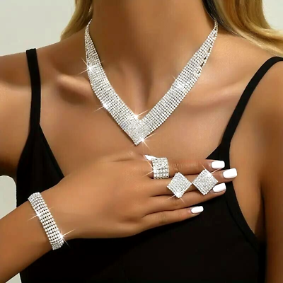 #ad 5pcs Luxury Shining Rhinestone Earrings Necklace Bracelet Ring Jewelry Set Gift $25.98