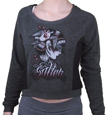 #ad Sullen Angels Women#x27;s Charcoal SA Blackout Tattoo Art Fleece Crop Sweater NWT $19.99