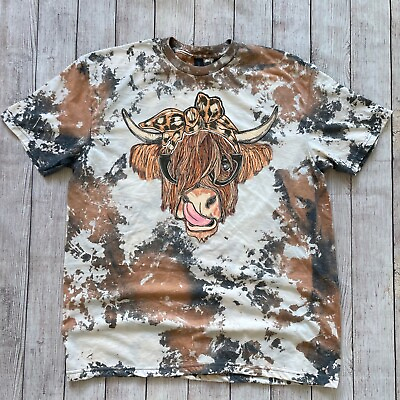 #ad Women#x27;s Highland Cow Leopard Bow Cowhide Bleached Western Graphic T Shirt $26.00