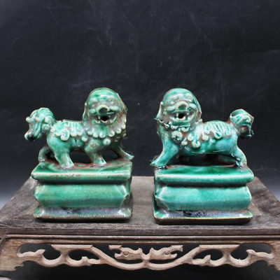 #ad China Old Marked Green Glazed Palace Lions A Pair Porcelain Foo Dog Collection $26.80