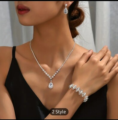 #ad Women#x27;s Rhinestone Pendant Necklace Earrings Bracelet Set Wedding Prom #10 $17.99