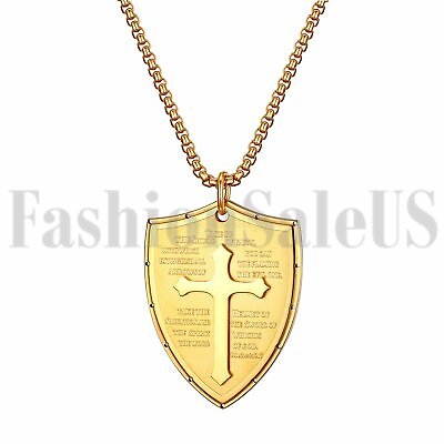 #ad Mens Stainless Steel Bible Verse Christ Cross Sheild Pendant Necklace Chain Gift $10.99