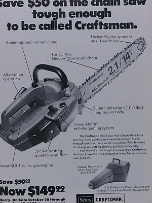 Craftsman Vintage Chainsaw Sears Power Sharp Original Print Ad 8.5 x 11quot; $5.95