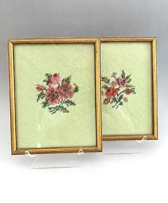#ad PAIR OF LIGHT GREEN NEEDLEPOINT HAND STITCHED FLOWERS W ROSES GOLD WOOD FRAMES $23.99