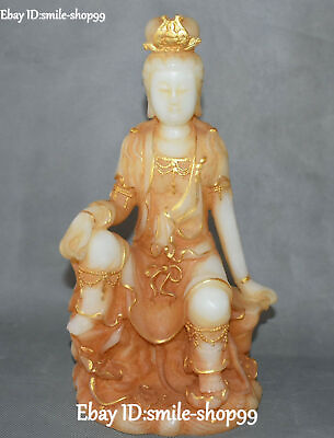 #ad 13quot; Natural Jade Gilt Carving Seat Guanyin Quan Yin Kwan yin Goddess Statue $359.10