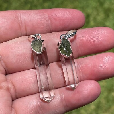 #ad Natural Moldavite and Crystal Pencil 925 Sterling Silver Pendant $26.80