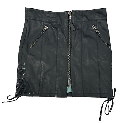 #ad NWT Harley Davidson Black Leather Full Zip Lambskin Wild Side Mini Skirt Size 4 $85.00