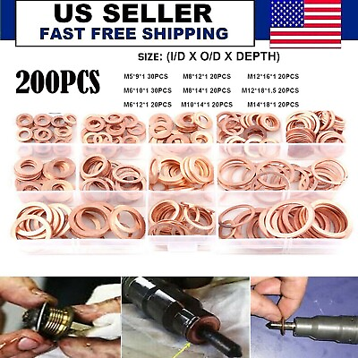 #ad 200PCS Solid Copper Crush Washer Gasket Set Flat O Ring Seal Assortment Kits US $11.99