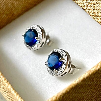 #ad Blue Sapphire lab created Stud Earrings Sterling Silver 925 Stud Earrings Topaz $16.18
