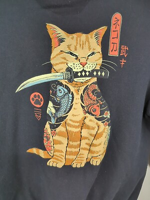 #ad Catana Cat Samurai Japanese Hoodie Streetwear Fashion Black Large Koi Fish Paw $23.99