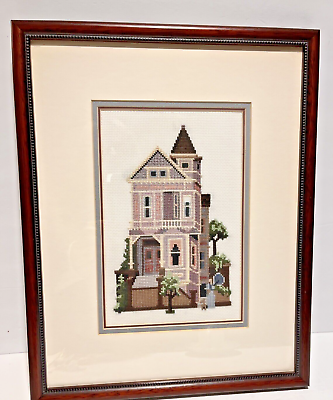 #ad Needlepoint Victorian House 46 Beulah St San Francisco Framed Vintage Triple Mat $12.60