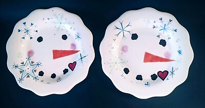 #ad Set Of 2 Artisan Made Snowman Hearts Ceramic Hand painted 8in Plates Signed KW $22.95