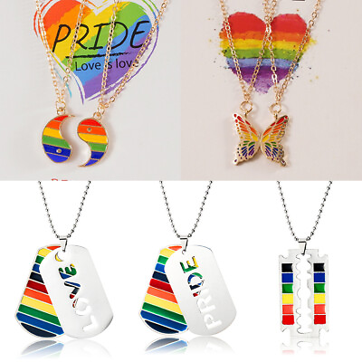 #ad Stainless Steel Rainbow Pride Pendant Necklace LGBT Gay Couple Women Men Jewelry C $3.02