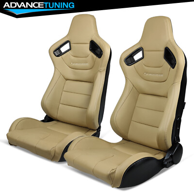 #ad Reclinable Pair Racing Seats Dual Sliders Beige PU amp; Carbon Leather Back $354.99