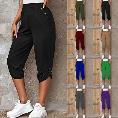 #ad Ladies Plus Size Plain 3 4 Cropped Capri Pants Casual Shorts Trousers Joggers US $18.21