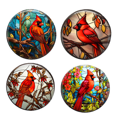 #ad Set of 4 Cardinal Bird Fridge Magnets Faux Stained Glass Art Prints 2 inch Each $14.95