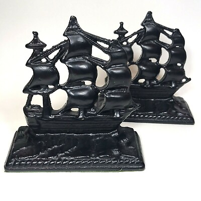 #ad Pair Vintage Old Ironsides Bookends Cast Iron Clipper Ships Black 5.5x5.5x2quot; $21.95