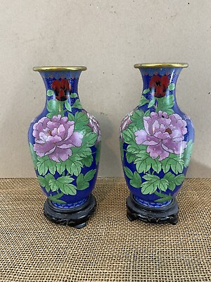 #ad Chinese Cloisonne Mid 20th Century Vases On Attached Wood Stands $79.00