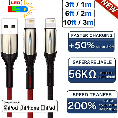 LED Fast Charger Cable Heavy Duty For iPhone 13 12 11 X XR 8 7 6 Charging Cord $7.99
