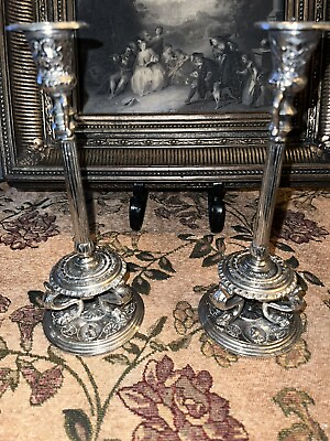 #ad PAIR VINTAGE REGENCY BAROQUE MAITLAND with lion paws SMITH Silver CANDLE HOLDERS $180.00